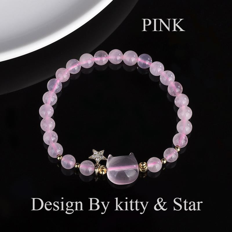 Natural Pink Jade Bracelet Cute Cat and Star Design Suitable for Daily Wear or Gifts