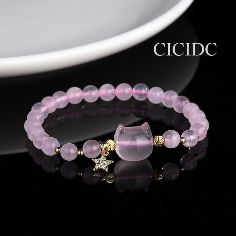 Natural Pink Jade Bracelet Cute Cat and Star Design Suitable for Daily Wear or Gifts