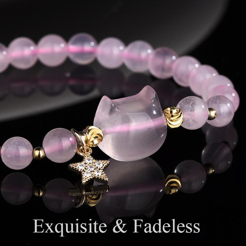 Natural Pink Jade Bracelet Cute Cat and Star Design Suitable for Daily Wear or Gifts