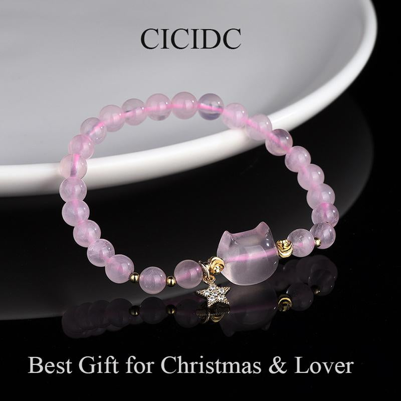 Natural Pink Jade Bracelet Cute Cat and Star Design Suitable for Daily Wear or Gifts